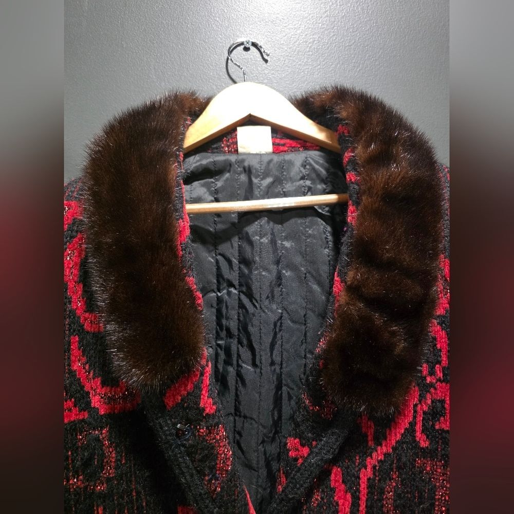 Vtg Red Black Gold Shimmer Coatigan Quilted Lined Cardigan Blazer Fur Collar - Picture 2 of 14